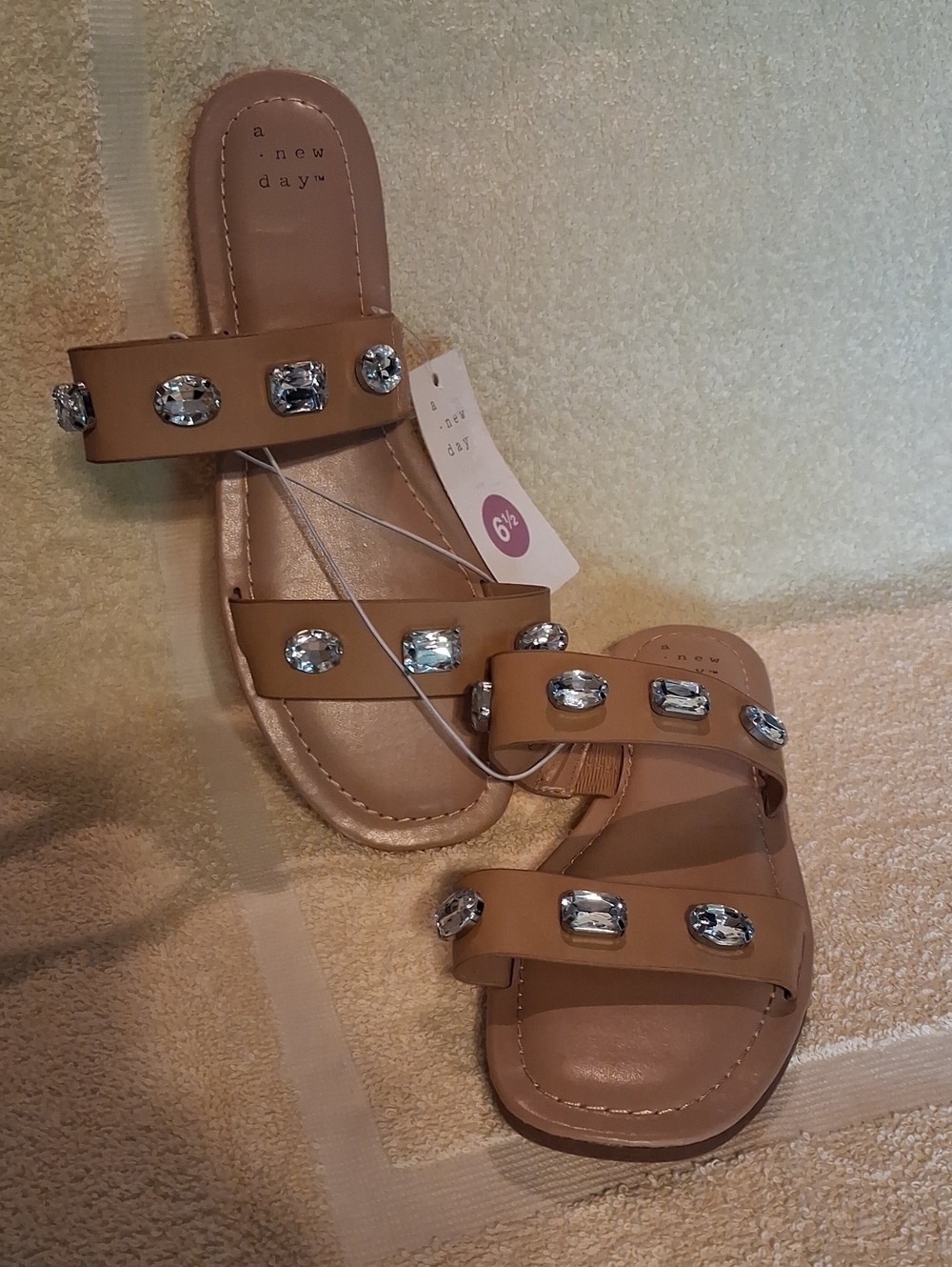 a new day Jeweled Double-Strap Slide Sandals - Tan Size 6.5